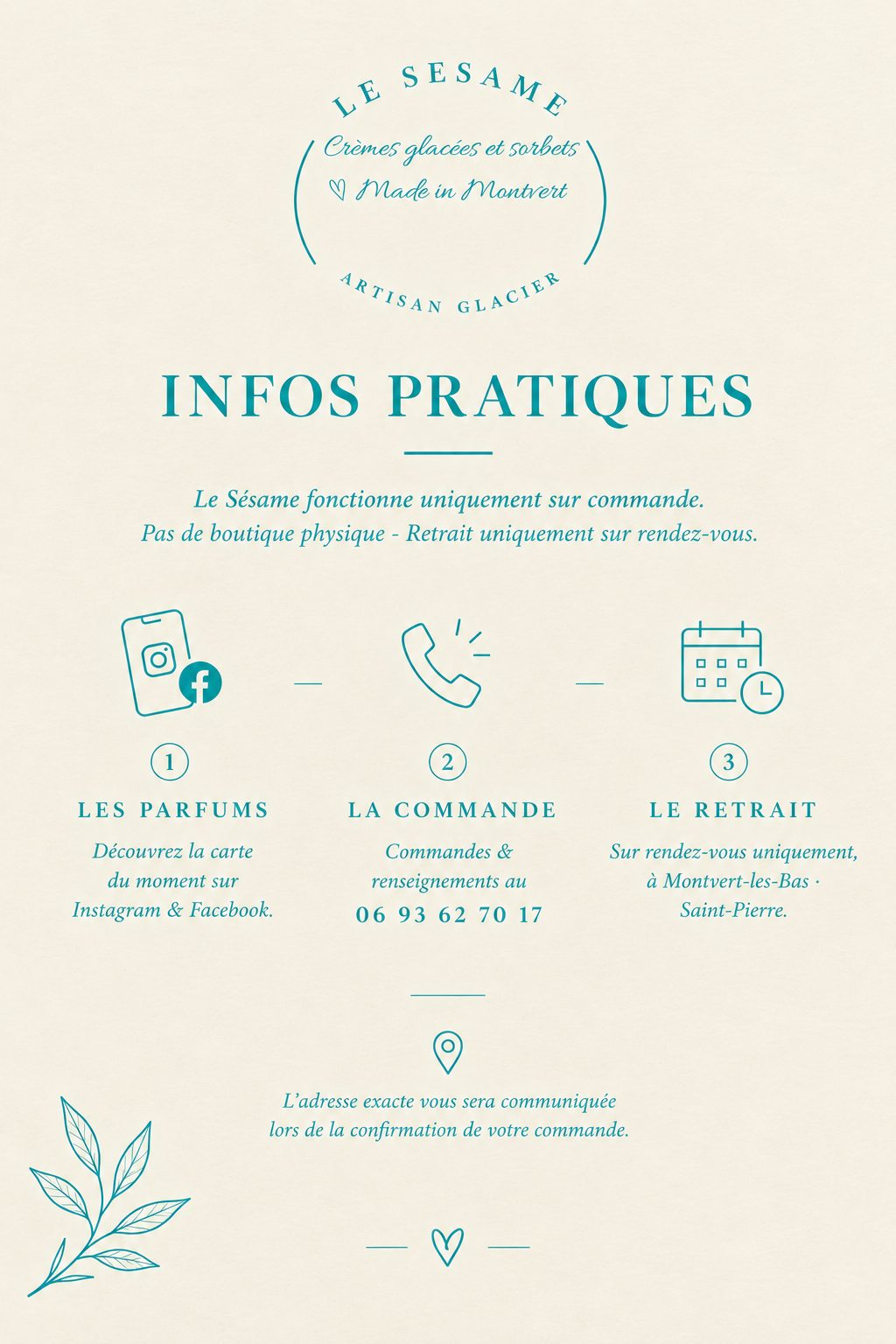 Affiche « Infos pratiques » : les parfums sur Instagram et Facebook, la commande au 06 93 62 70 17, le retrait sur rendez-vous à Montvert-les-Bas